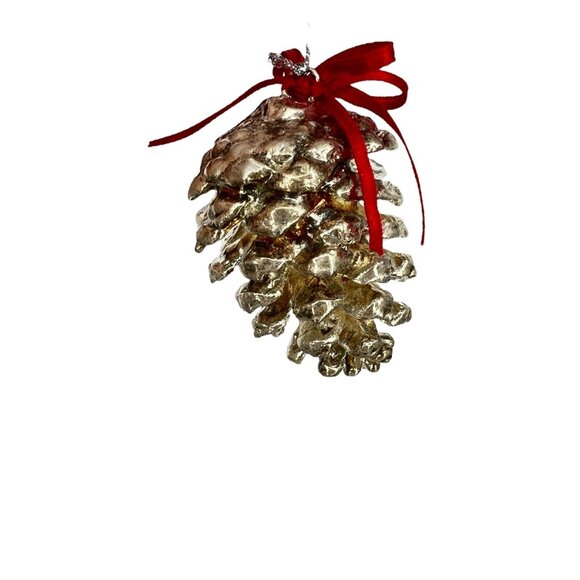 Silver Pine Pinecone Ornament With Red Bow - Picture 10 of 15